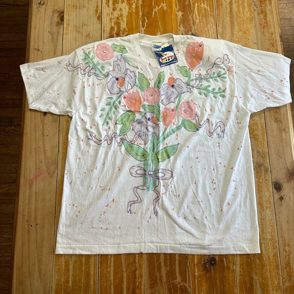 NOS Brush Works Hand Painted Shirt Women 2XL White Floral Made USA Single Stitch